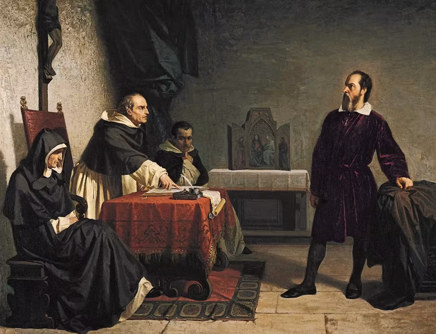 Galileo a processo (ricostruzione pittorica piuttosto fantasiosa) Galileo a processo (ricostruzione pittorica piuttosto fantasiosa)